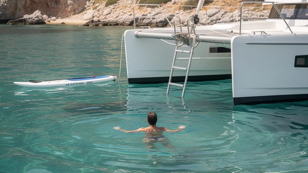 Baignade depuis l'arrière d'un catamaran ancré dans une crique corse aux eaux turquoise