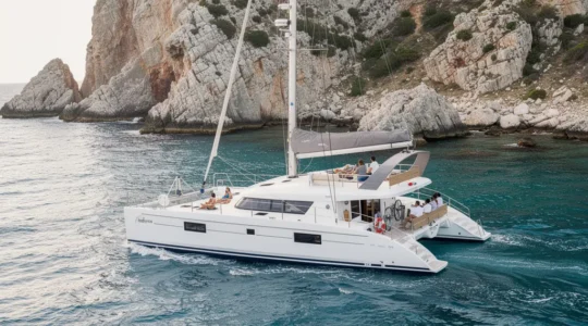 Catamaran blanc naviguant le long des falaises calcaires corses en croisière tout inclus
