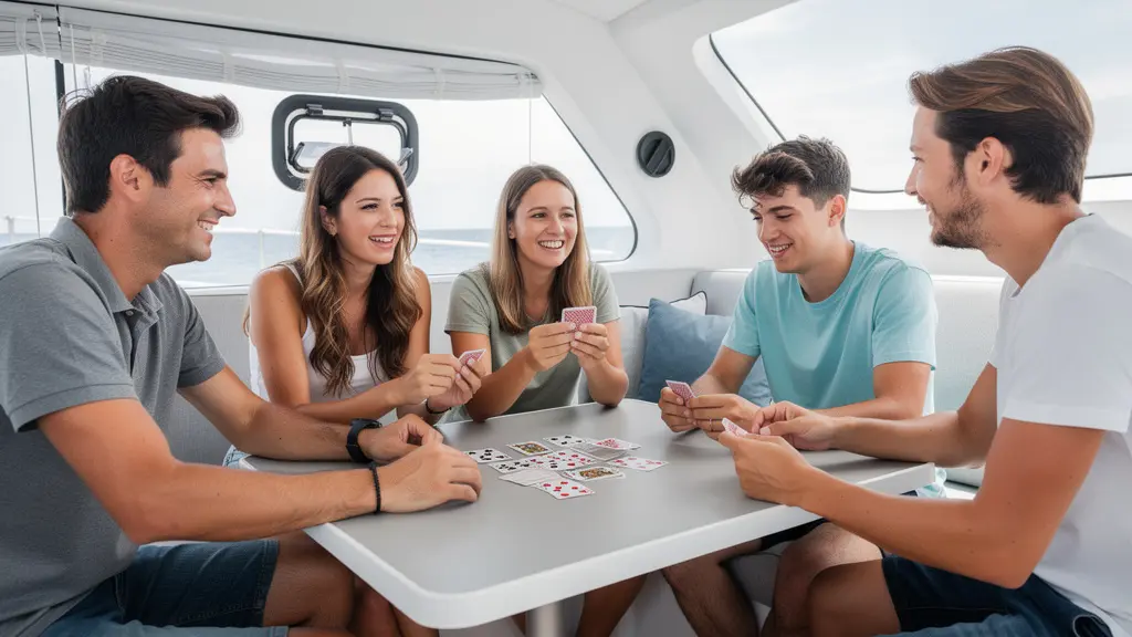 Famille détendue dans le carré d'un catamaran lors d'une croisière en Corse