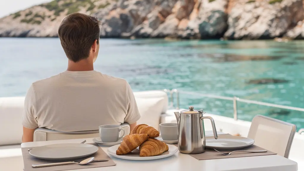 Petit-déjeuner servi sur le pont arrière d'un catamaran avec vue sur une crique corse